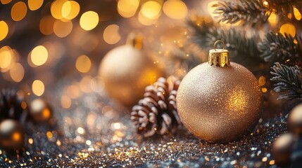 Poster - Holiday decorations with golden baubles and shimmering lights creating a festive atmosphere during the winter season