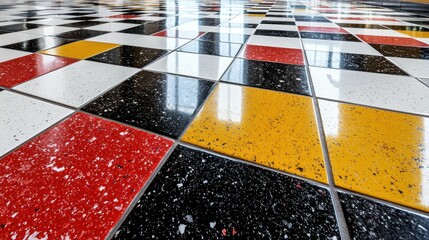 Poster - A checkered floor with black and yellow tiles