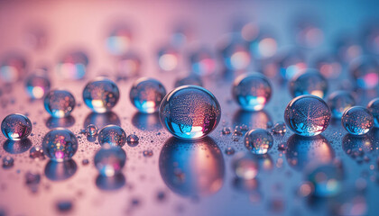 Poster - Droplets of water collect on a smooth surface, reflecting vibrant colors of blue and pink. The intricate details and textures create an engaging visual experience