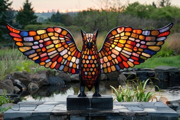 Poster - A stained glass owl sculpture stands gracefully with its wings open