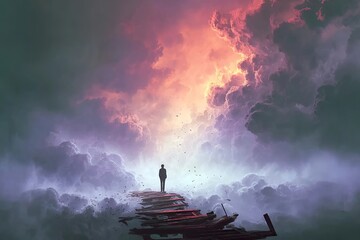 Wall Mural - a figure stands on the edge of an endless abyss, surrounded by floating clouds and broken wooden