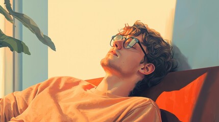 Poster - A man wearing glasses is laying on a couch