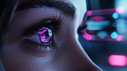 Poster - A woman's eye is glowing with purple light