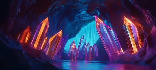 Poster - A neon-lit cave where holographic crystals pulse with futuristic energy