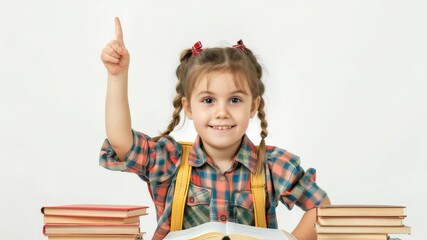 Poster - A bright, young student with braids and a plaid shirt sits at a desk with stacks of books. She raises her hand eagerly, ready to participate in class with a smile.
