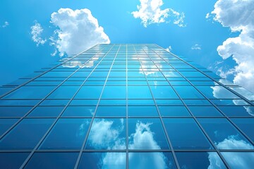 Poster - a tall glass skyscraper reaching up towards a bright blue sky