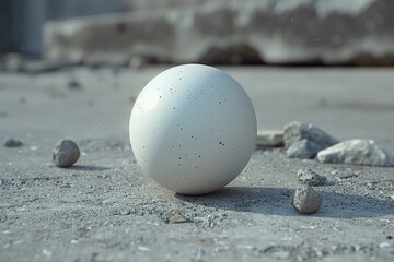 Poster - a textured white sphere rests on rough textured concrete ground