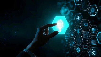 Poster - The captures essence innovation. A hand interacts glowing lightbulb icon surrounded various tech symbols, representing digital transformation , creative solutions. The dark background enhances modern
