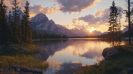 a beautiful mountain lake with a sunset in the background