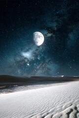 Wall Mural - a photograph of the moon in space, with sand dunes in the foreground and stars and galaxies in the
