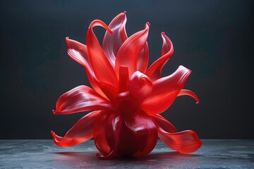Poster - A translucent red floral sculpture stands on a surface indoors