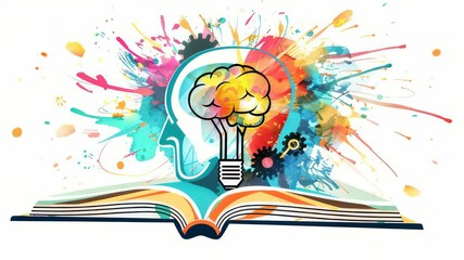 Aufkleber - Conceptual image of an open book with a profile outline of a head filled with a colorful brain-shaped lightbulb. Gears and paint splashes add to the creative and innovative theme.
