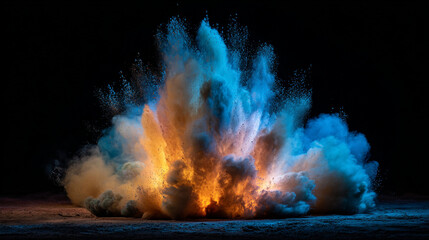 Aufkleber - Vibrant explosion of blue and orange powder against a stark black background in a studio setting