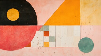 Poster - A colorful abstract painting with a red circle and a blue circle