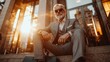 © loxia stock image - Mature man in a suit sits on steps outside a modern building