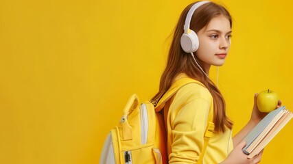 Aufkleber - A young woman wearing headphones and a yellow sweatshirt is holding an apple and books against a bright yellow background. She has a yellow backpack on. It is a positive school learning concept.