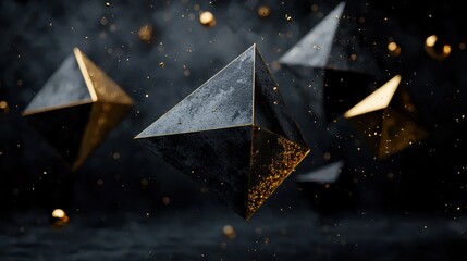 Poster - A black and gold geometric shape is suspended in the air