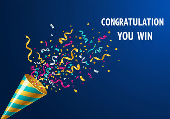 Poster - Party horn with confetti for celebration and winning on blue background. Festive party popper with colorful confetti explosion for congratulations