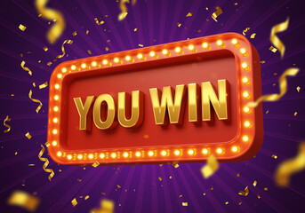 Poster - You win sign with golden letters on red board with light bulbs and confetti on purple background. Win graphic with golden confetti
