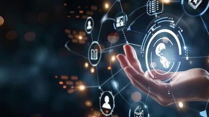 Aufkleber - Abstract image showcasing a hand interacting with a digital interface depicting global connectivity, symbolizing future technologies , education with elements of networking , digital communication.