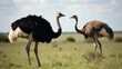 © ANDREY PROFOTO - Majestic ostriches in a savanna landscape with grassy field and partly cloudy sky