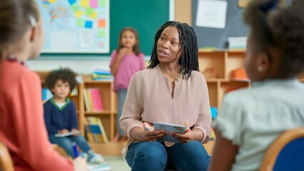 Poster - A teacher sits with students during circle time, fostering engagement. Colorful classroom with a board and shelves, enhancing the learning environment.