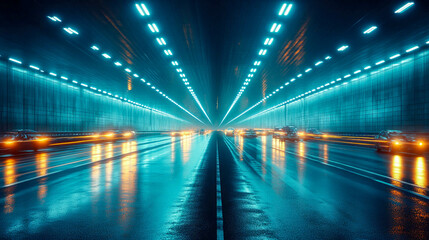 Poster - Cars drive through a sleek tunnel illuminated with blue neon lights and wet reflections, creating dynamic motion