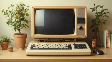 A vintage desktop computer sits on a wooden desk surrounded by plants and office supplies, evoking nostalgia for old technology in a warm, retro workspace