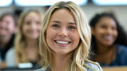 Poster - A smiling blonde woman attends a lecture. She is surrounded by other students. The background is slightly out of focus, drawing attention to the woman's joyful expression.