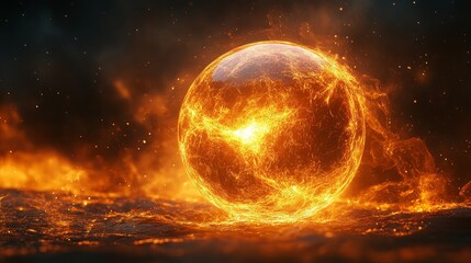 Wall Mural - A glowing golden sphere floating in a deep black void, futuristic and elegant