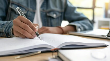 Aufkleber - A person is writing in a notebook using a pen while sitting at a desk with a laptop and other books. The setting evokes a sense of focused study and academic work.