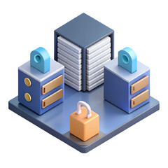 Poster - Secure Data Center 3D Isometric Illustration of Server Room with Cyber Security Lock