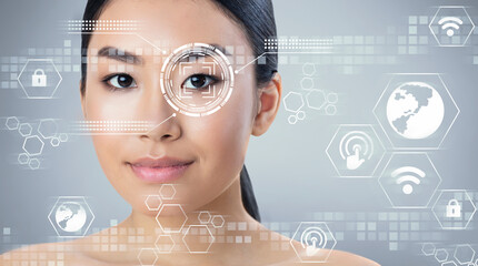 Poster - Biometric security check. Eye scanning of Asian woman, collage with information on transparent screen, free space. Panorama
