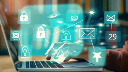 Poster - Close-up of hands typing on a laptop with digital icons floating above the keyboard, representing various online activities and information exchange in a modern tech environment.
