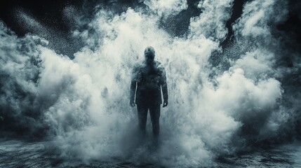Poster - Dramatic action scene of a silhouetted figure amidst smoke studio setting artistic photography mysterious atmosphere
