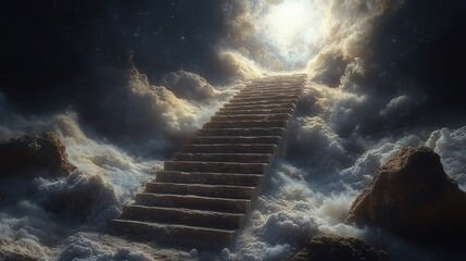 Poster - Ascending steps to enlightenment celestial realm digital art ethereal clouds elevated perspective spiritual journey