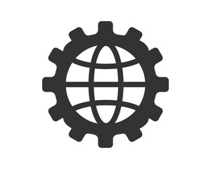 Poster - Global mechanism icon depicting a globe inside a cogwheel. Symbol of global connectivity, technology, international cooperation, and engineering solutions. Minimalist graphic.