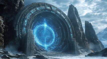 Wall Mural - Exploring a mysterious portal remote mountains digital art sci-fi environment wide angle view adventure concept