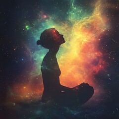 Wall Mural - Cosmic meditation a woman's contemplation in a vibrant universe digital art surreal environment side view