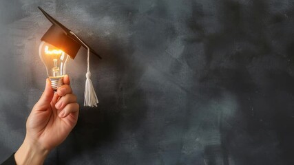 Aufkleber - This image shows a hand holding a lit light bulb with a graduation cap on top, against a dark, mottled background. It conveys the concept of knowledge and academic achievement.