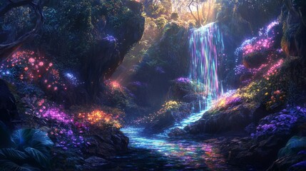 Wall Mural - A hidden valley where the flora and fauna are entirely made of light and people communicate through colorful beams that shift in patterns. 