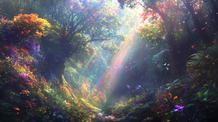 Wall Mural - A hidden valley where the flora and fauna are entirely made of light and people communicate through colorful beams that shift in patterns. 