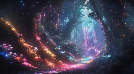 Wall Mural - A hidden valley where the flora and fauna are entirely made of light and people communicate through colorful beams that shift in patterns. 