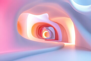 Fototapete - Colorful abstract corridor with flowing shapes and soft lighting in a modern art installation during daylight hours