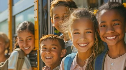 Poster - A group of diverse elementary students are smiling excitedly from the open door of a school bus, with backpacks, looking ready to go to school, enjoying the sunshine with positive attitudes.