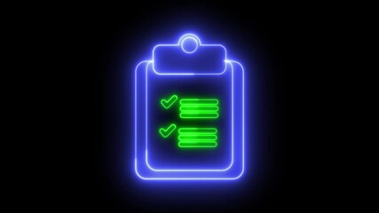 Poster - Neon animation of a clipboard icon with a list of items with a green check mark.