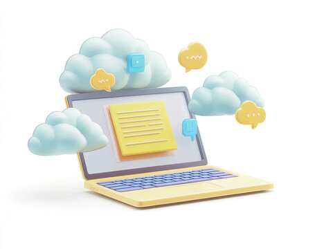 Cloud-based document collaboration depicted on a laptop.  Several light-colored clouds, with speech bubbles and sticky notes, surround the laptop
