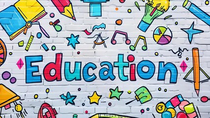 Aufkleber - A cheerful, cartoon-style mural on a white brick wall features the word 'Education' surrounded by colorful drawings of school supplies and related themes. Depicts a fun learning environment.