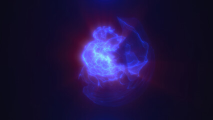 Poster - Purple glowing abstract sphere shape resembling energy waves on a dark background