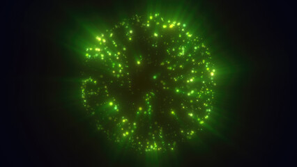 Poster - a radiant green abstract sphere emitting glowing particles and light streaks against a dark backgrou